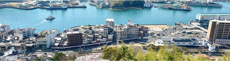 背景画像:尾道を上から見下ろした風景。海や街並みが写っています。